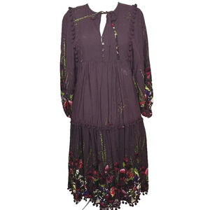 Jaase Dress Large Babydoll Eggplant Tiered Pom Poms Floral Gypsy‎ Whimsigoth